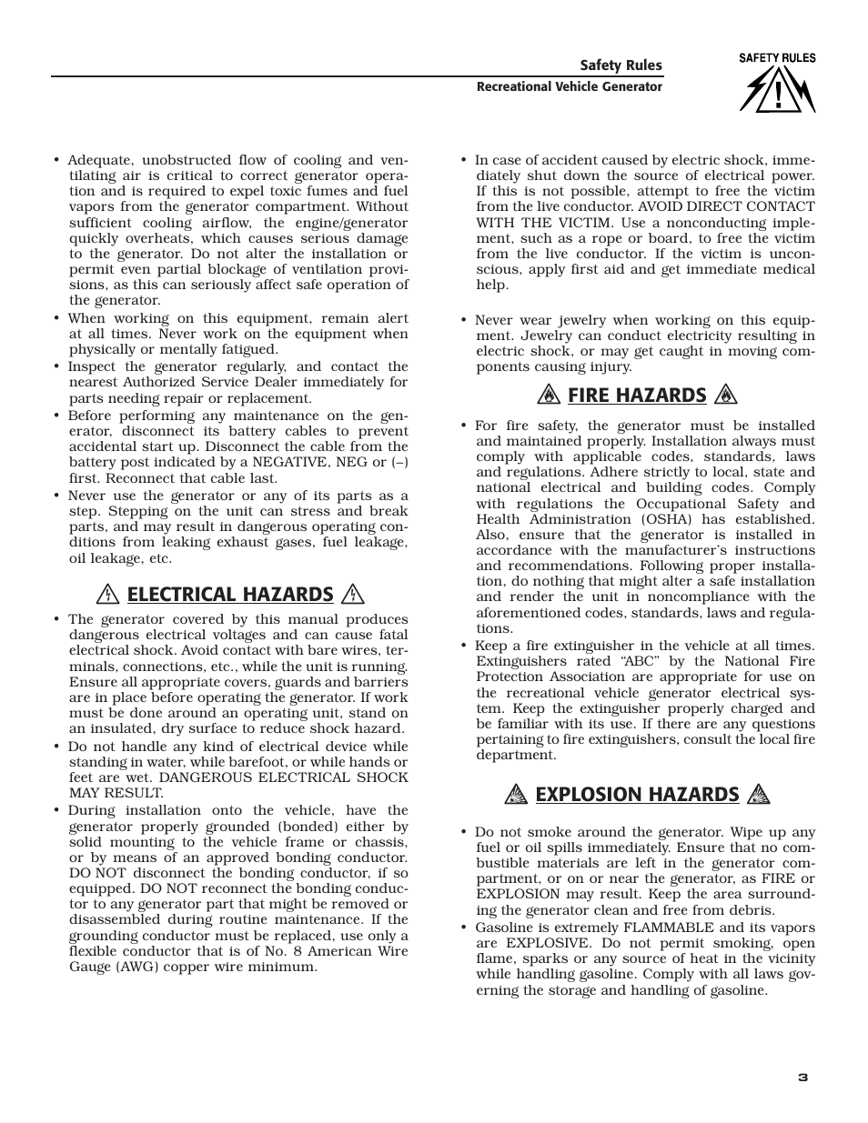 Electrical hazards, Fire hazards, Explosion hazards | Generac Power Systems 004701-0 User Manual | Page 5 / 56