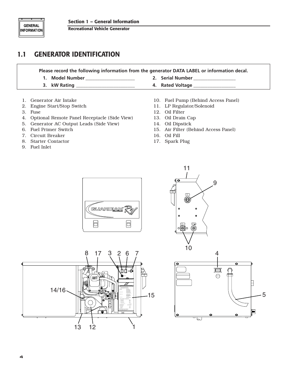 1 generator identification | Generac Power Systems 004701-0 User Manual | Page 6 / 56