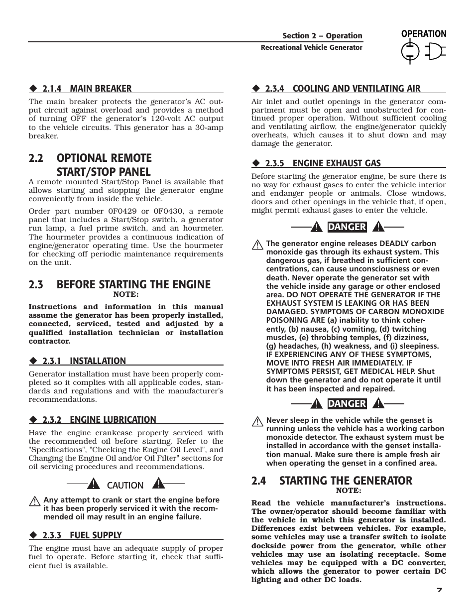 2 optional remote start/stop panel, 3 before starting the engine, 4 starting the generator | Generac Power Systems 004701-0 User Manual | Page 9 / 56