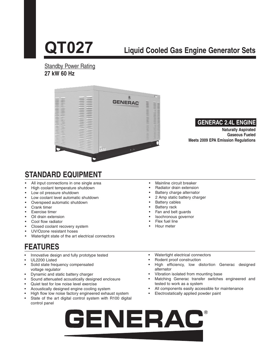 Generac Power Systems Generac Liquid Cooled Gas Engine Generator Sets QT027 User Manual | 4 pages