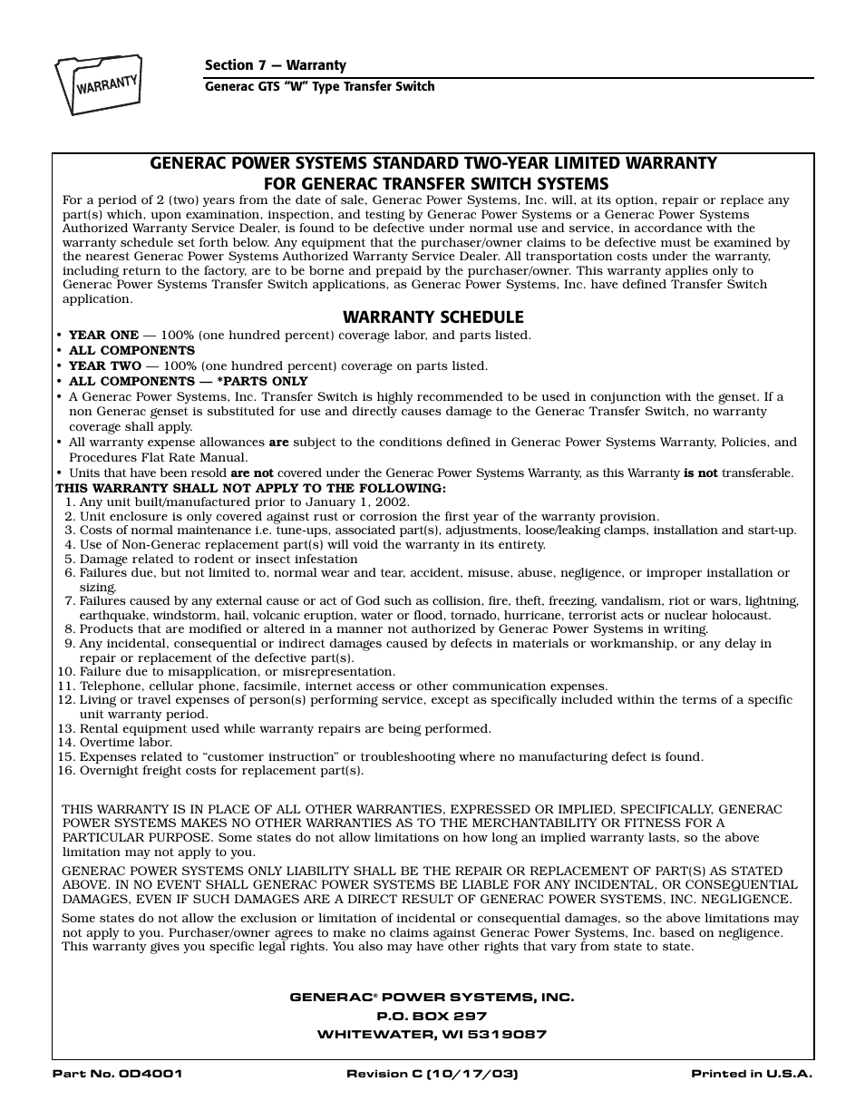 Warranty schedule | Generac Power Systems 04635-0 User Manual | Page 16 / 16