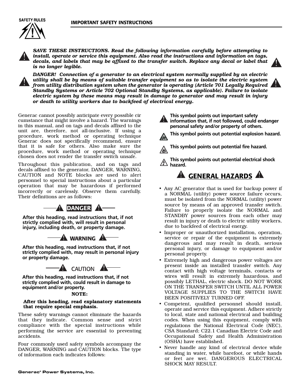 General hazards | Generac Power Systems 04635-0 User Manual | Page 2 / 16