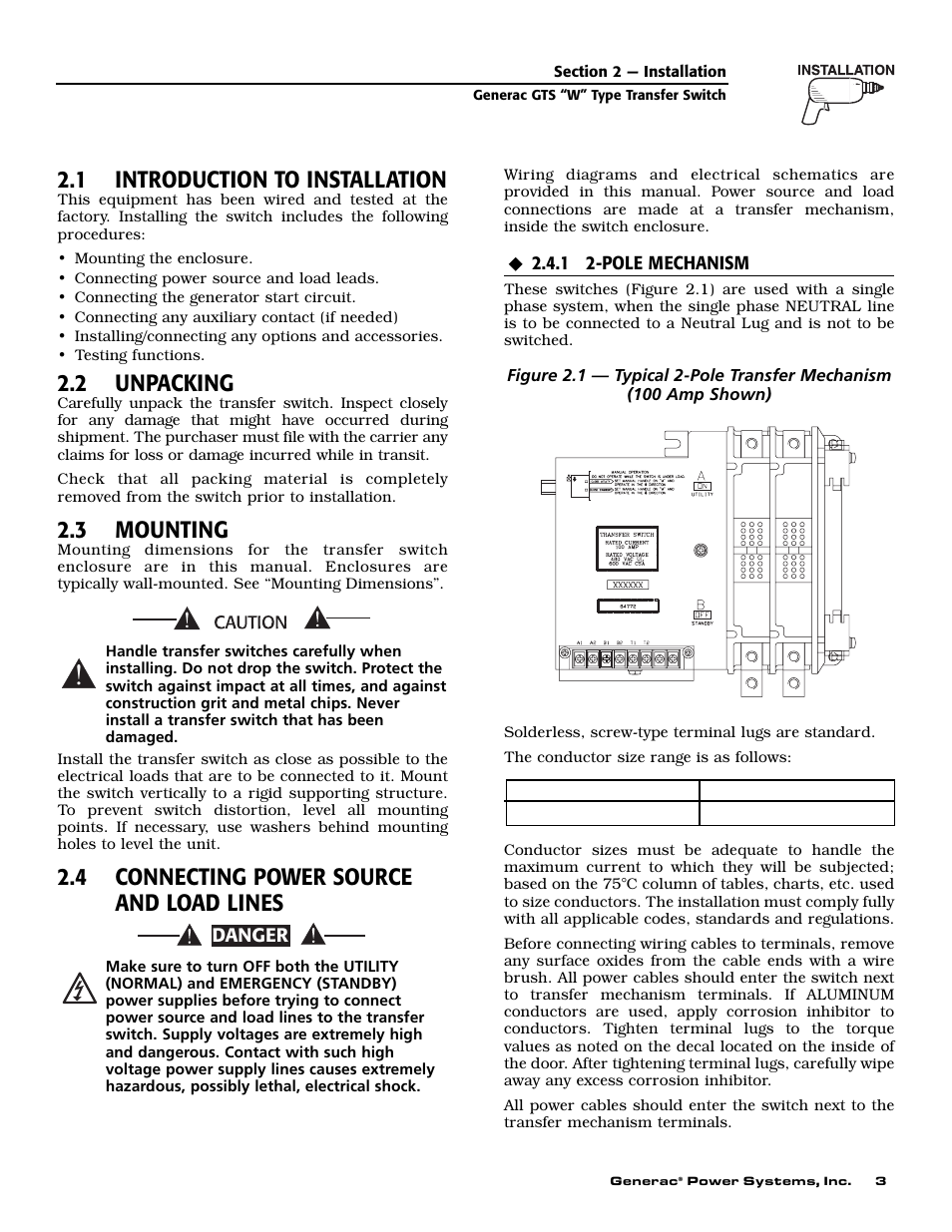 1 introduction to installation, 2 unpacking, 3 mounting | 4 connecting power source and load lines | Generac Power Systems 04635-0 User Manual | Page 5 / 16