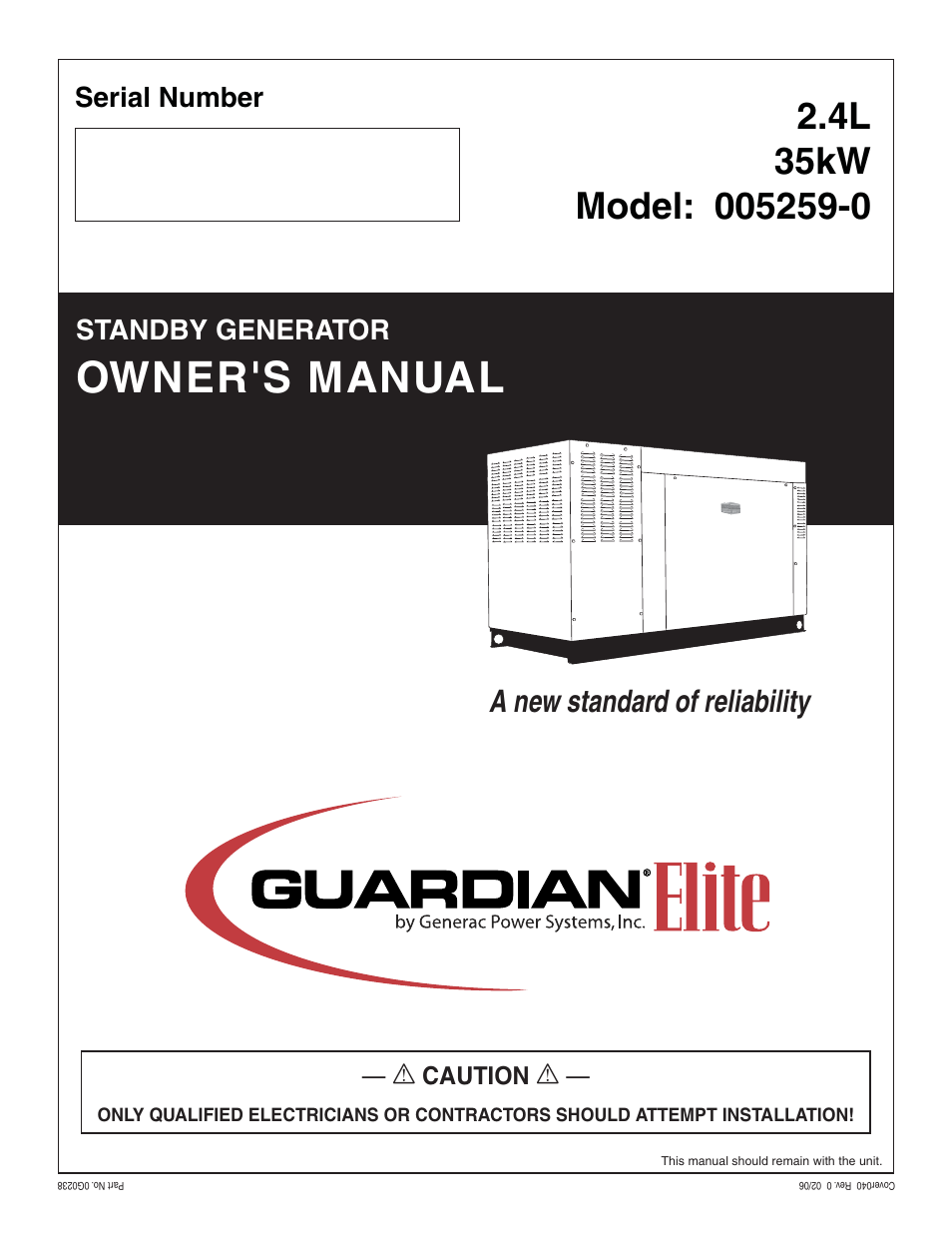 Generac Power Systems Guardian Elite 005259-0 User Manual | 64 pages