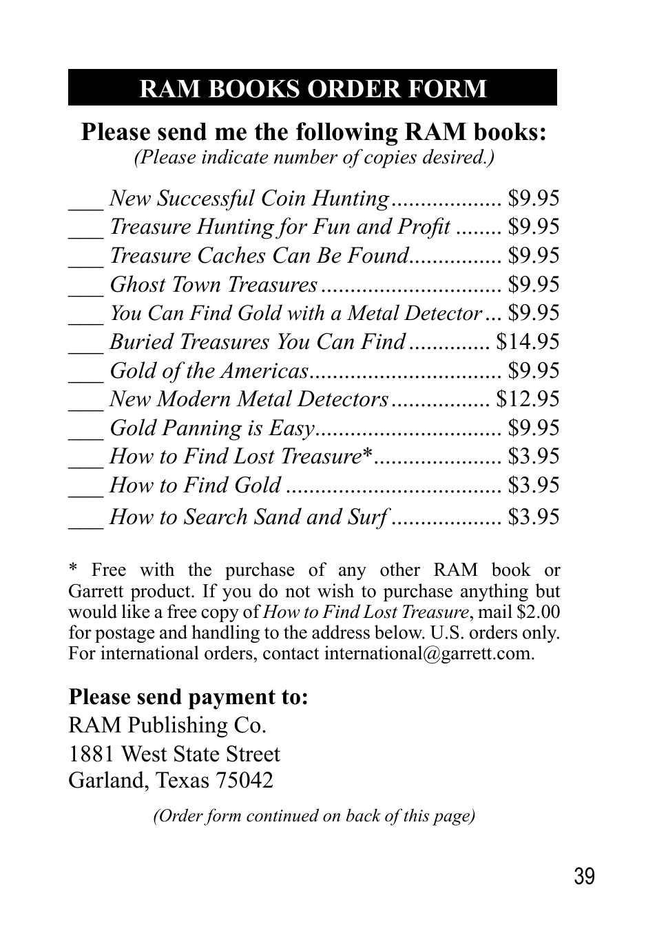 Please send me the following ram books, Ram books order form | Garrett Metal Detectors Sea Hunter Mark II None User Manual | Page 39 / 44