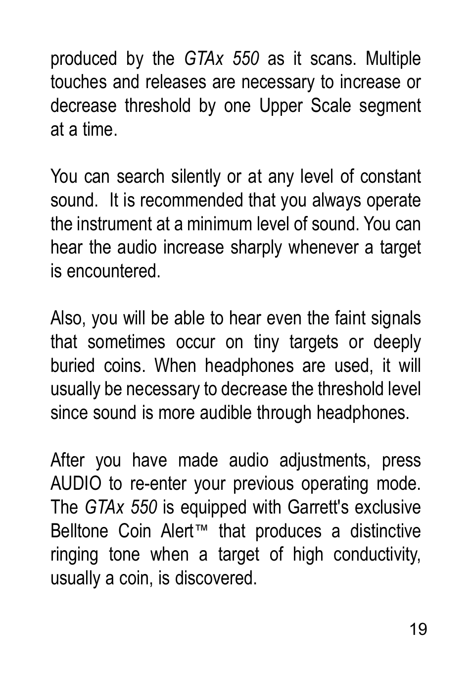 Garrett Metal Detectors Metal Detectors GTAx 550 User Manual | Page 19 / 60