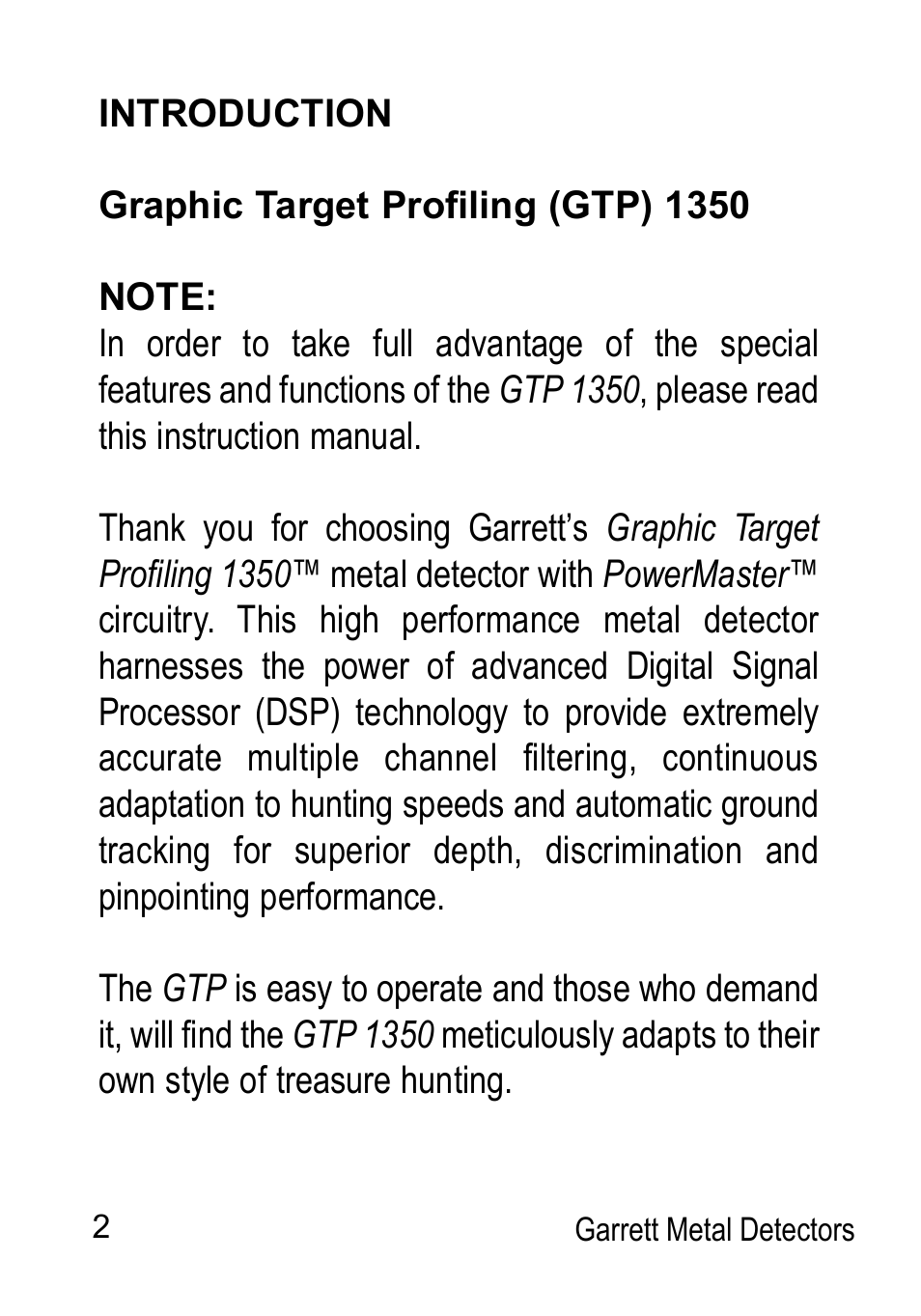 Garrett Metal Detectors Graphic Target Profiling 1350 User Manual | Page 2 / 56
