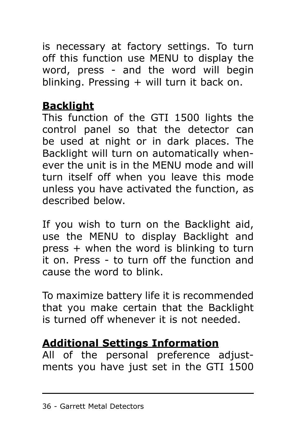 Garrett Metal Detectors Metal Detector GTI 1500 User Manual | Page 36 / 88
