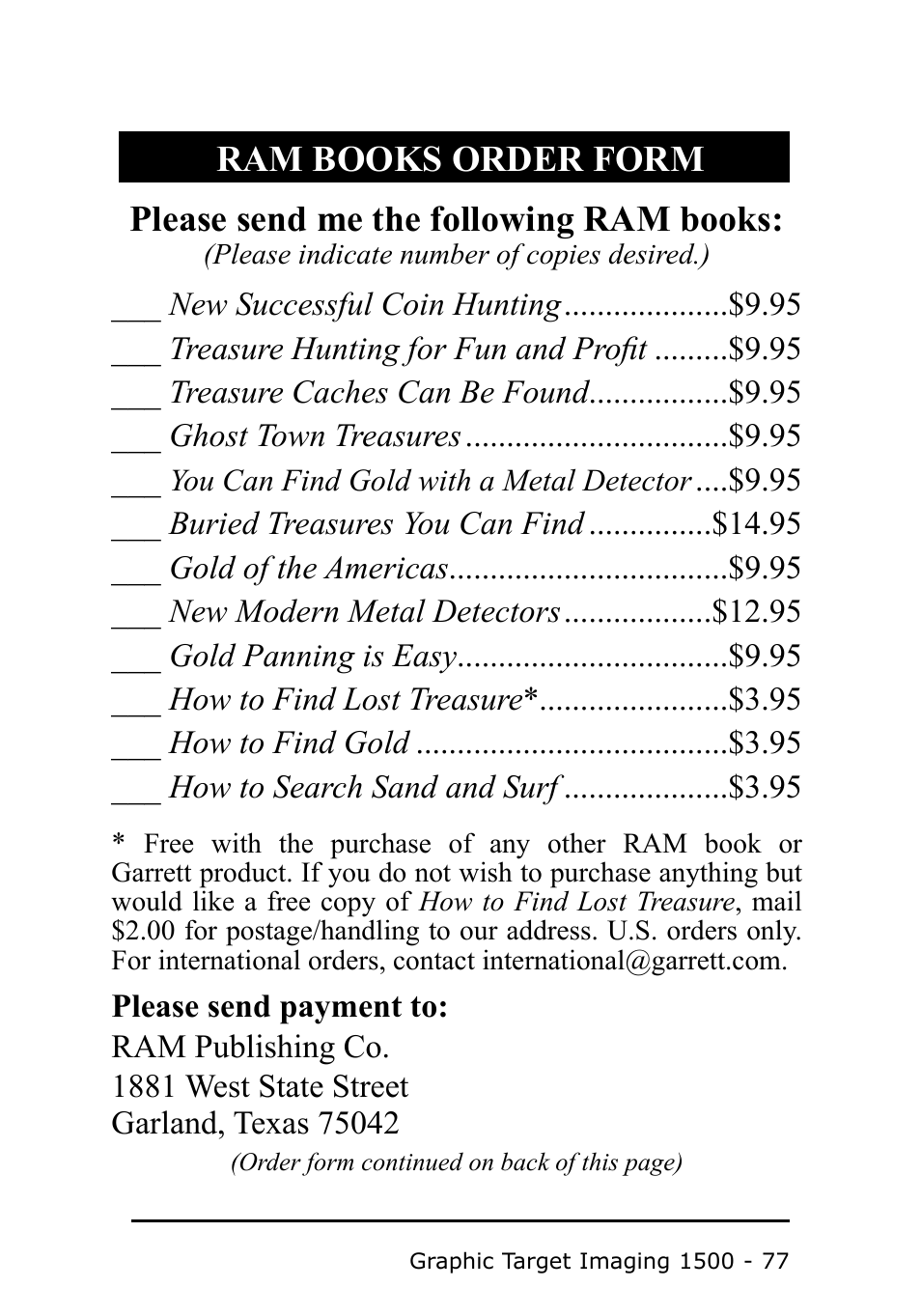 Please send me the following ram books, Ram books order form | Garrett Metal Detectors Metal Detector GTI 1500 User Manual | Page 77 / 88