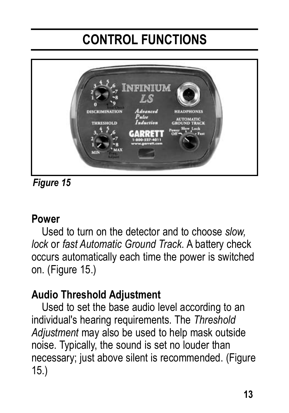 Control functions | Garrett Metal Detectors Infinium LS User Manual | Page 13 / 40