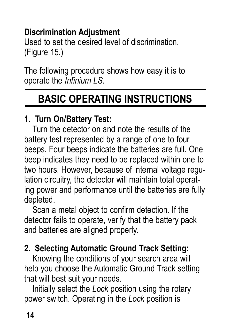 Basic operating instructions | Garrett Metal Detectors Infinium LS User Manual | Page 14 / 40