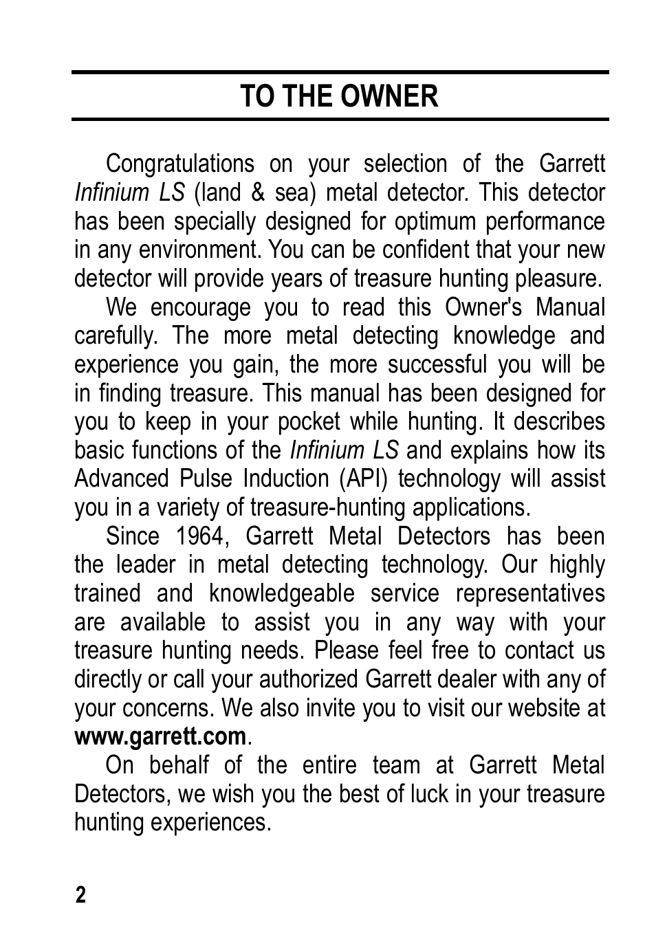Garrett Metal Detectors Infinium LS User Manual | Page 2 / 40