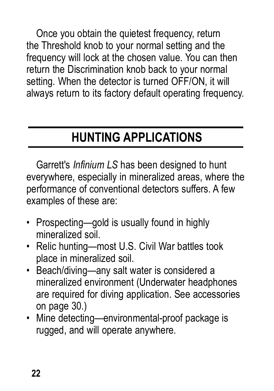 Hunting applications | Garrett Metal Detectors Infinium LS User Manual | Page 22 / 40