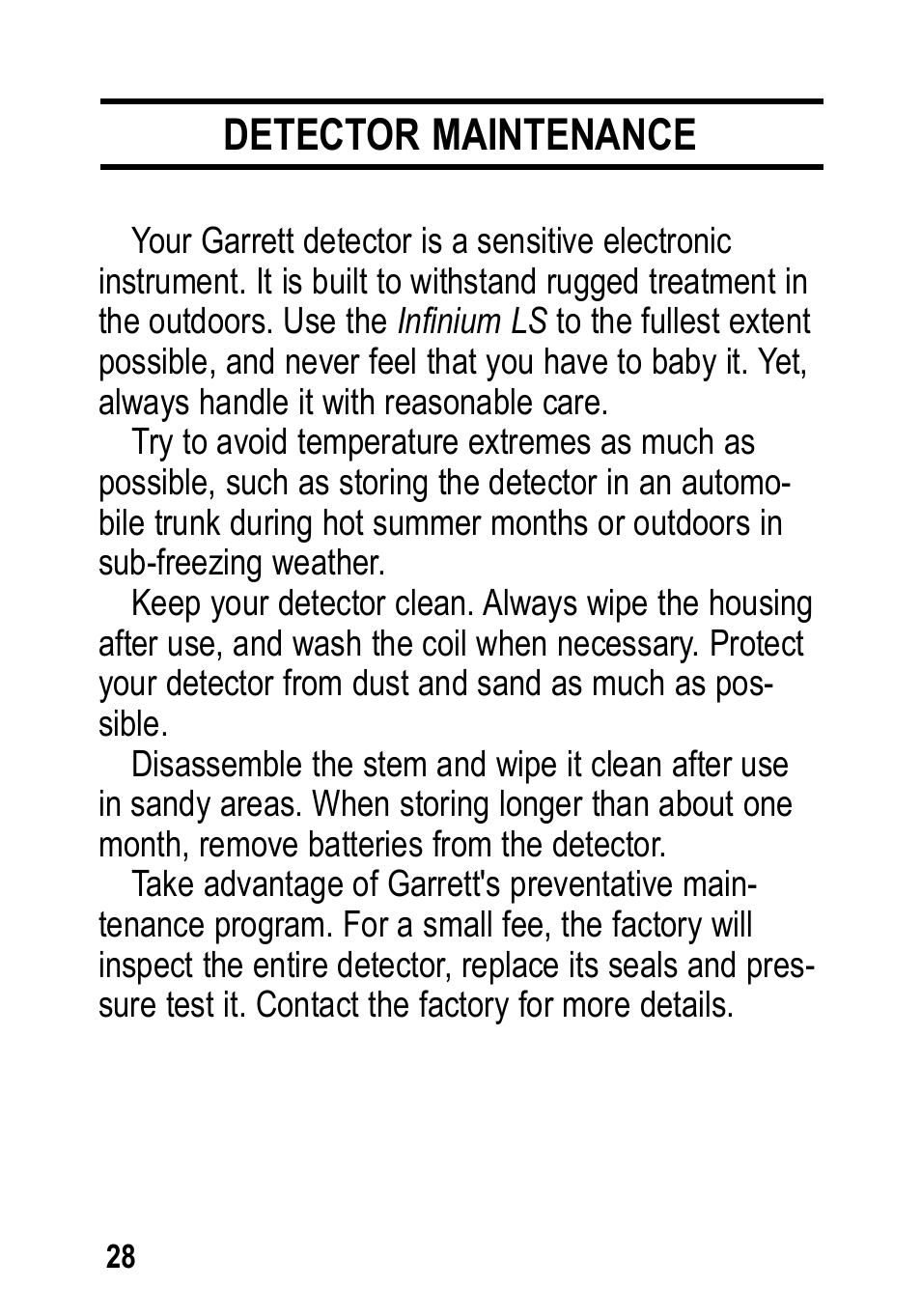 Detector maintenance | Garrett Metal Detectors Infinium LS User Manual | Page 28 / 40