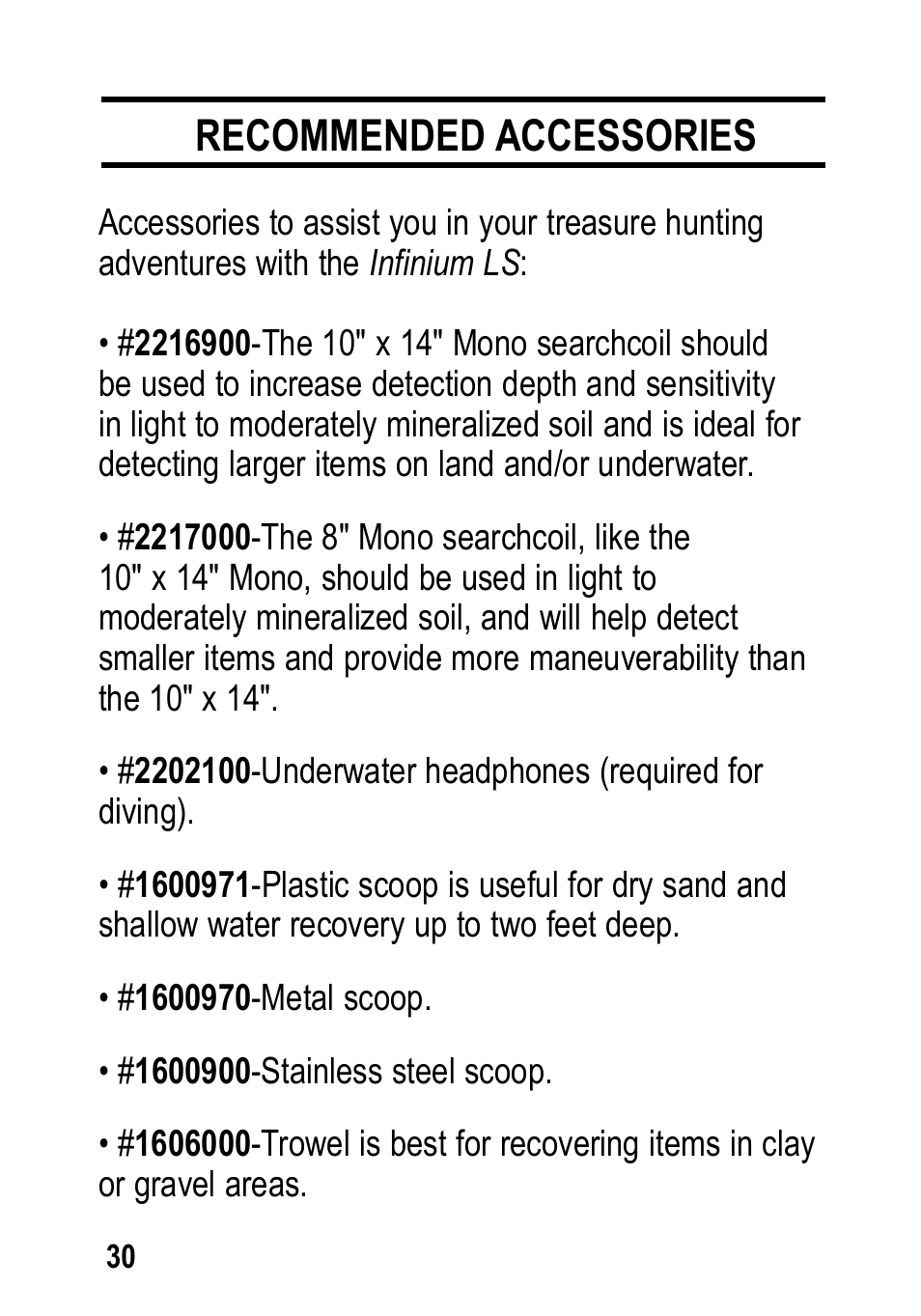 Recommended accessories | Garrett Metal Detectors Infinium LS User Manual | Page 30 / 40
