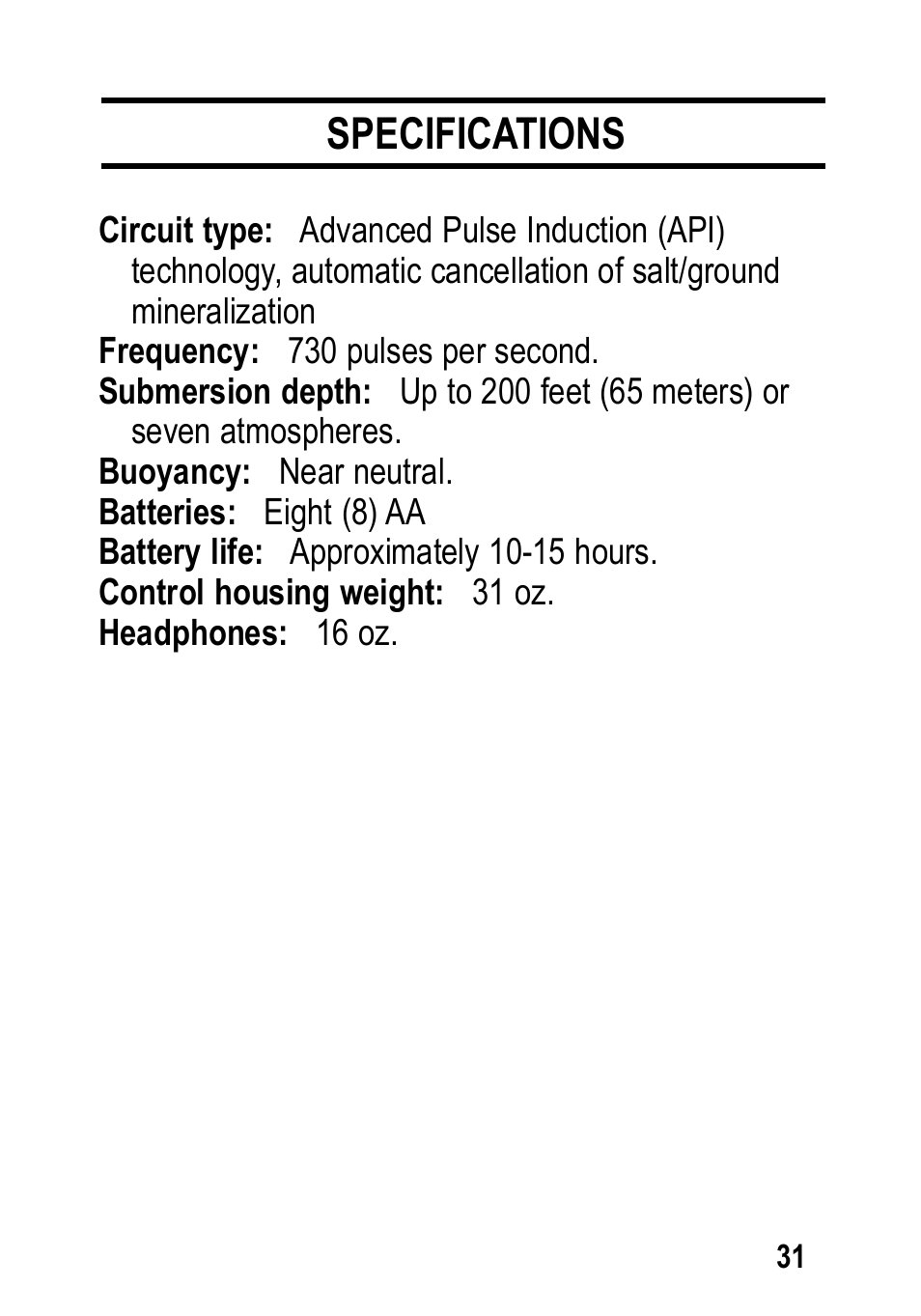 Specifications | Garrett Metal Detectors Infinium LS User Manual | Page 31 / 40