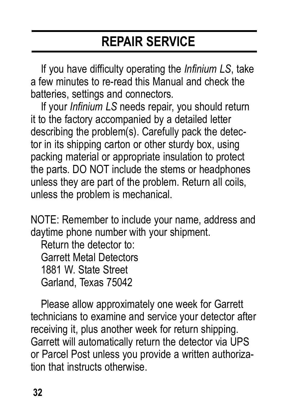 Repair service | Garrett Metal Detectors Infinium LS User Manual | Page 32 / 40