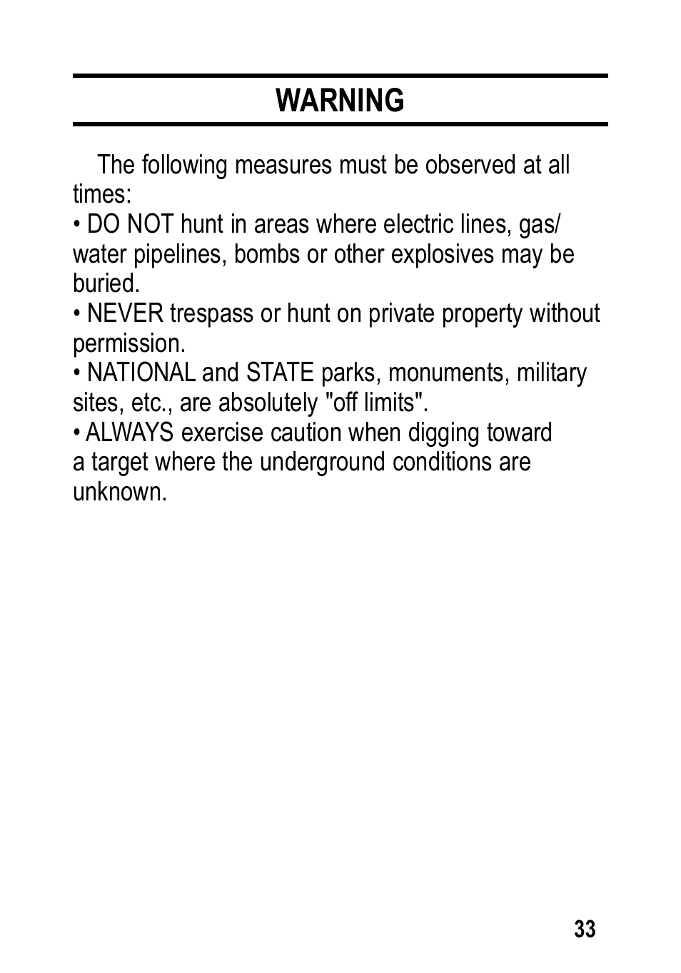 Warning | Garrett Metal Detectors Infinium LS User Manual | Page 33 / 40