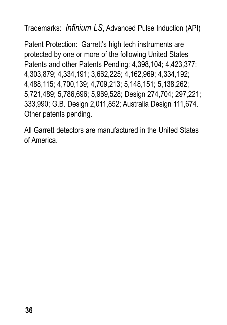 Garrett Metal Detectors Infinium LS User Manual | Page 36 / 40