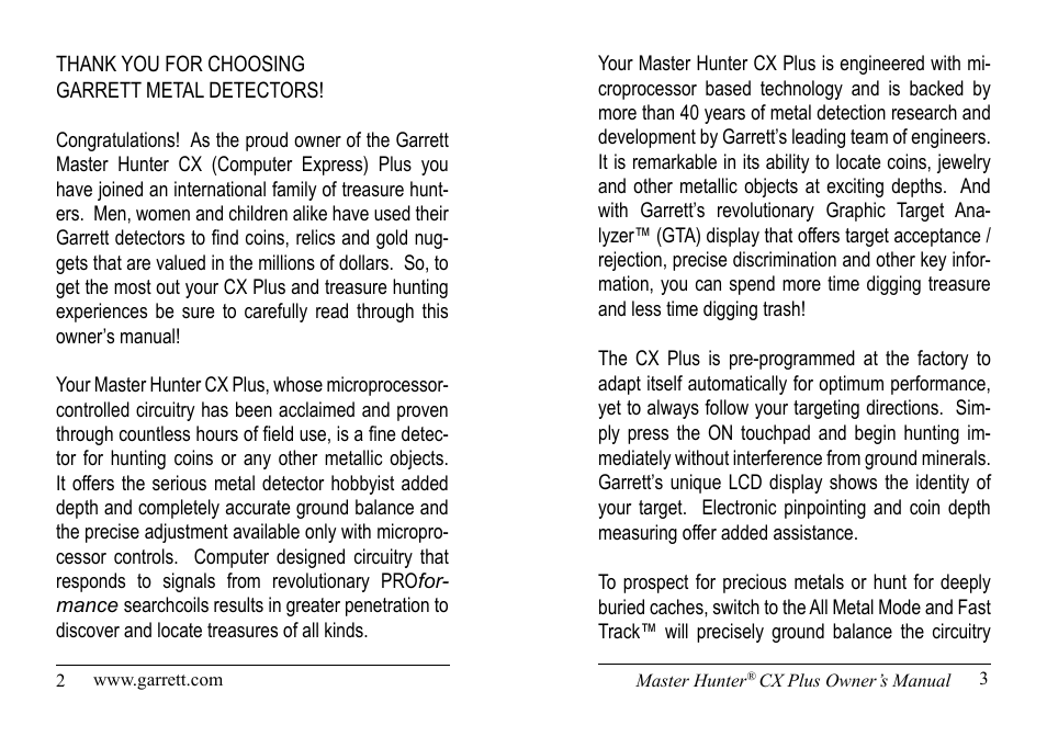 Garrett Metal Detectors Master Hunter CX Plus User Manual | Page 2 / 27