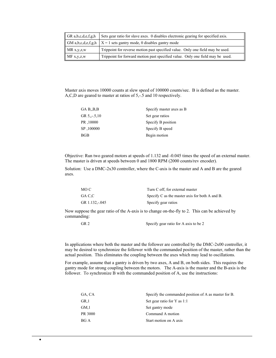 Example, Simple master/slave, Electronic gearing | Gantry mode, Example simple master/slave | Galil DMC-2X00 User Manual | Page 104 / 267