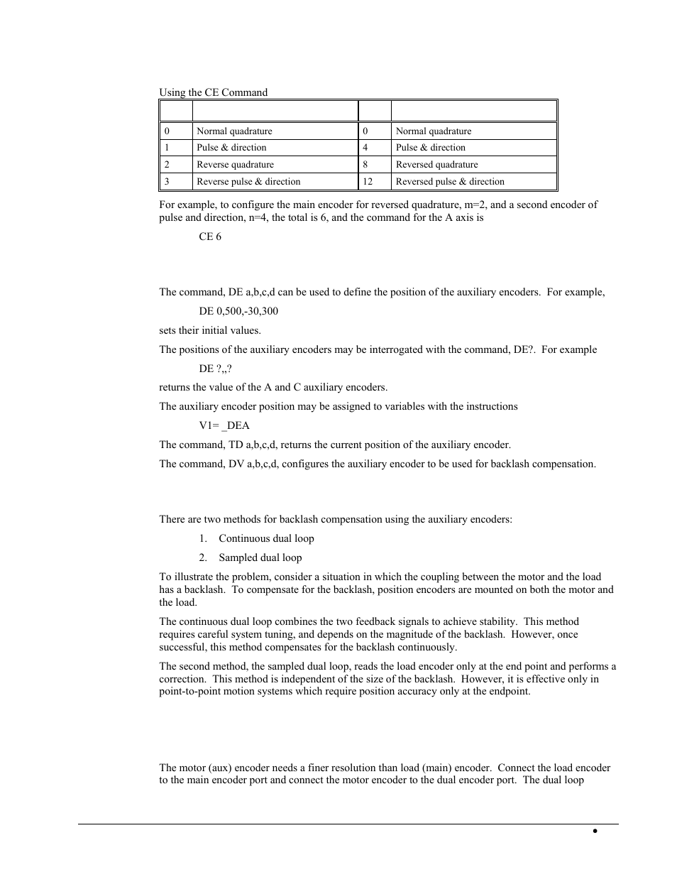 Additional commands for the auxiliary encoder, Backlash compensation, Example | Continuous dual loop, Example continuous dual loop | Galil DMC-2X00 User Manual | Page 123 / 267