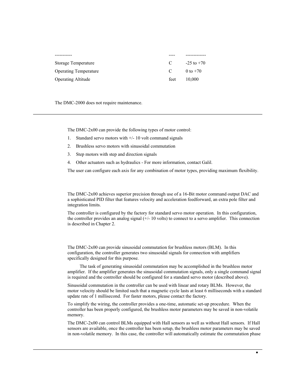 Environmental specifications, Equipment maintenance, Overview of motor types | Brushless servo motor with sinusoidal commutation | Galil DMC-2X00 User Manual | Page 13 / 267