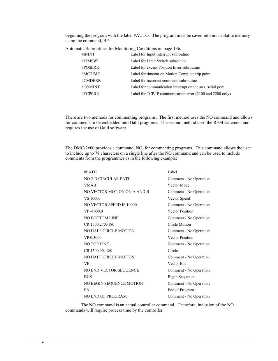 Commenting programs, No command | Galil DMC-2X00 User Manual | Page 134 / 267