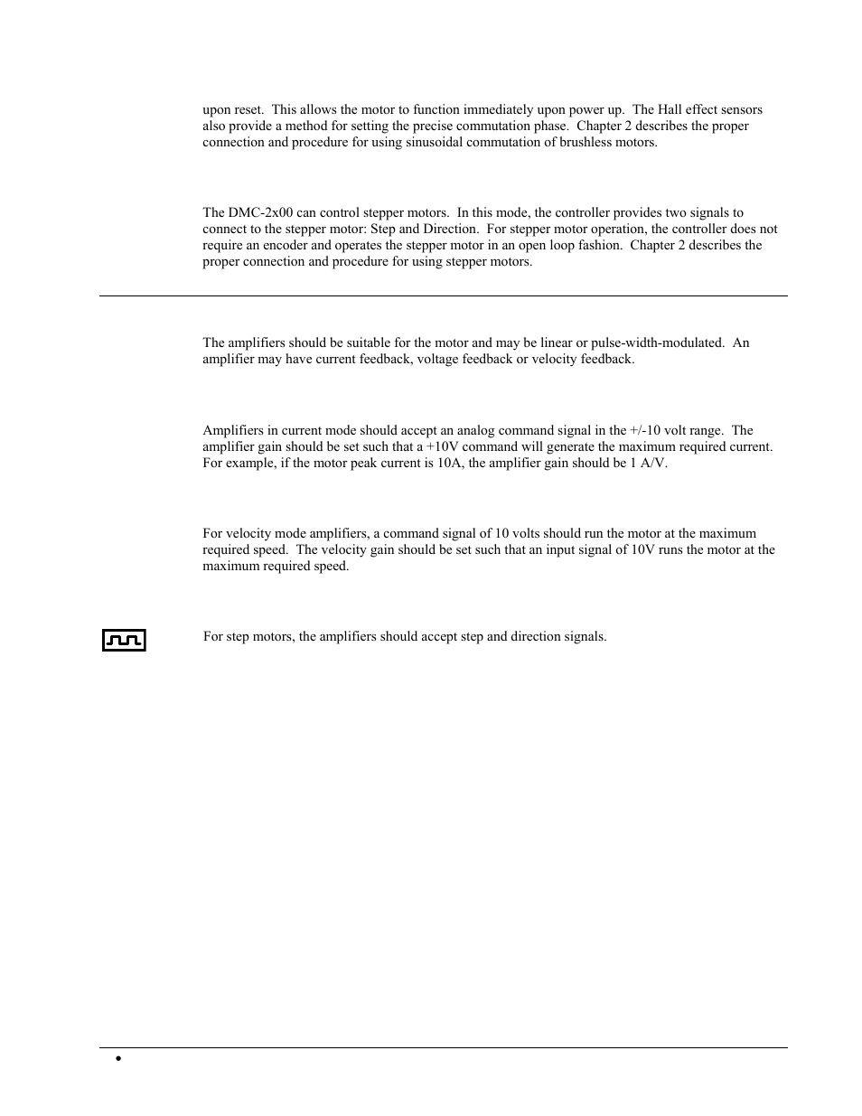 Stepper motor with step and direction signals, Overview of amplifiers, Amplifiers in current mode | Amplifiers in velocity mode, Stepper motor amplifiers | Galil DMC-2X00 User Manual | Page 14 / 267
