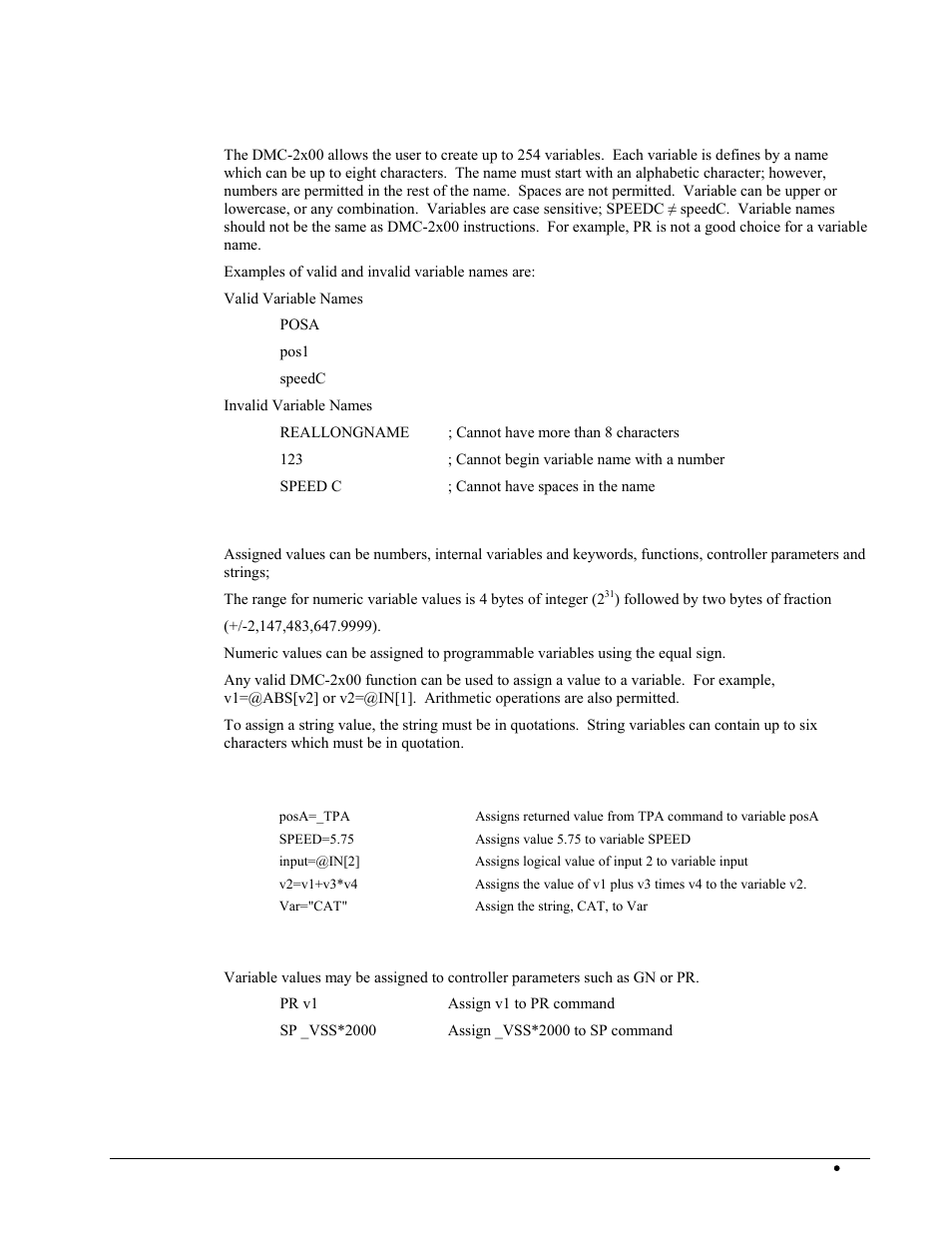 Programmable variables, Assigning values to variables, Assigning variable values to controller parameters | Galil DMC-2X00 User Manual | Page 155 / 267