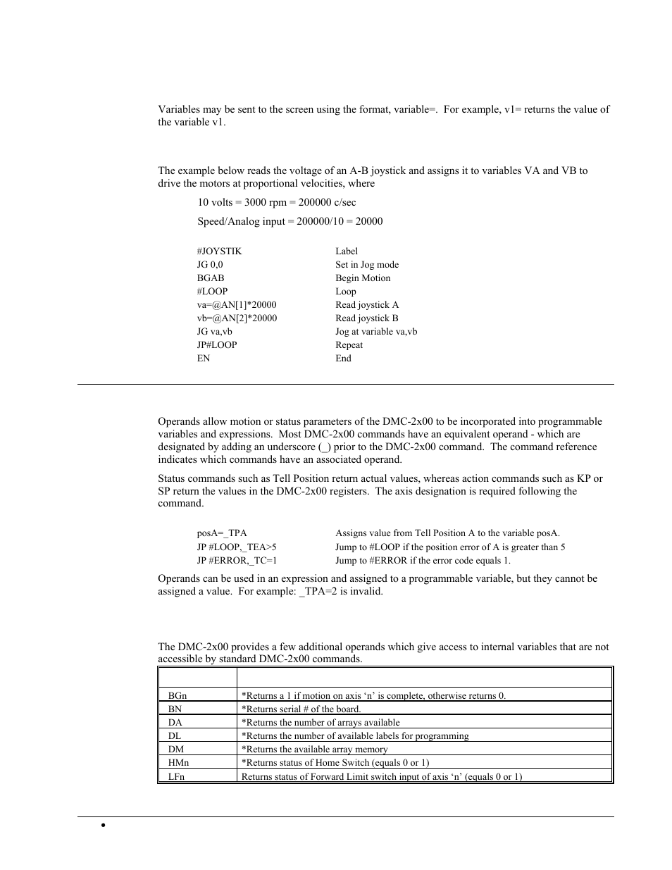 Displaying the value of variables at the terminal, Example - using variables for joystick, Operands | Special operands (keywords) | Galil DMC-2X00 User Manual | Page 156 / 267