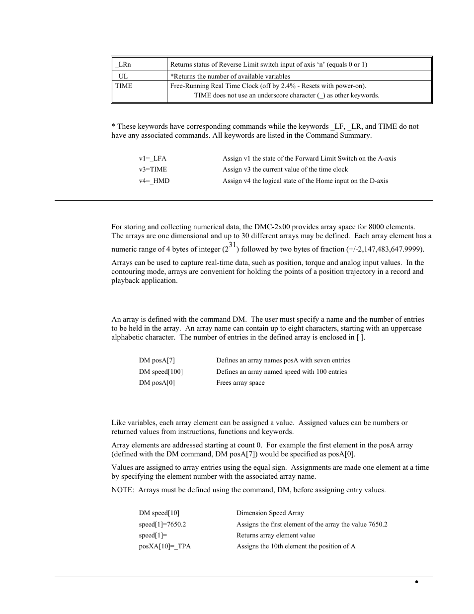 Arrays, Defining arrays, Assignment of array entries | Galil DMC-2X00 User Manual | Page 157 / 267