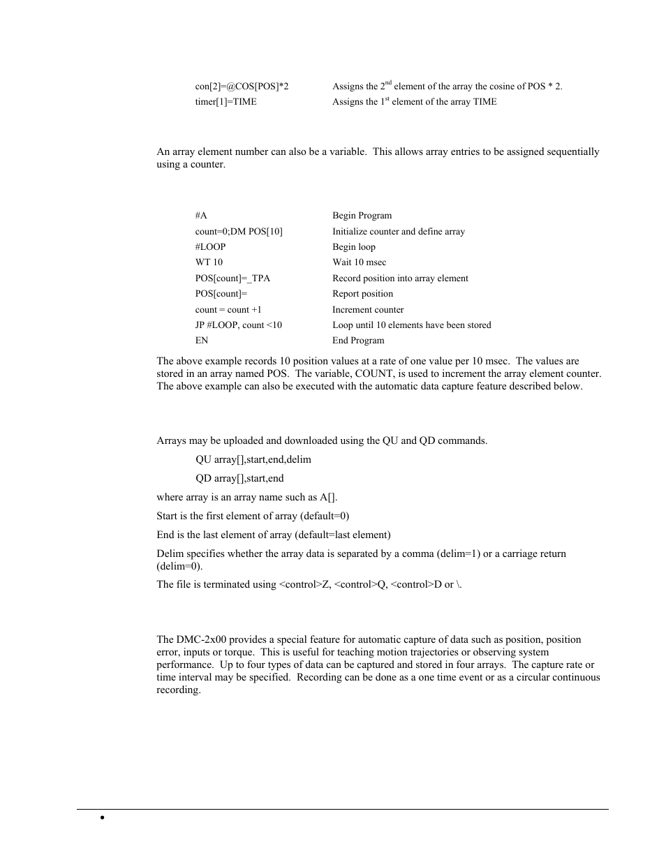 Using a variable to address array elements, Automatic data capture into arrays | Galil DMC-2X00 User Manual | Page 158 / 267