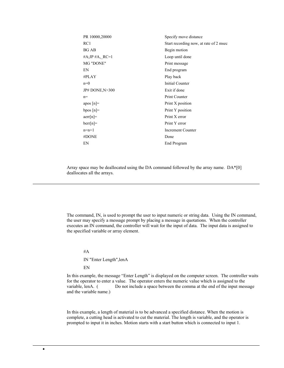 Deallocating array space, Input of data (numeric and string), Input of data | Example- inputting numeric data, Example- cut-to-length | Galil DMC-2X00 User Manual | Page 160 / 267