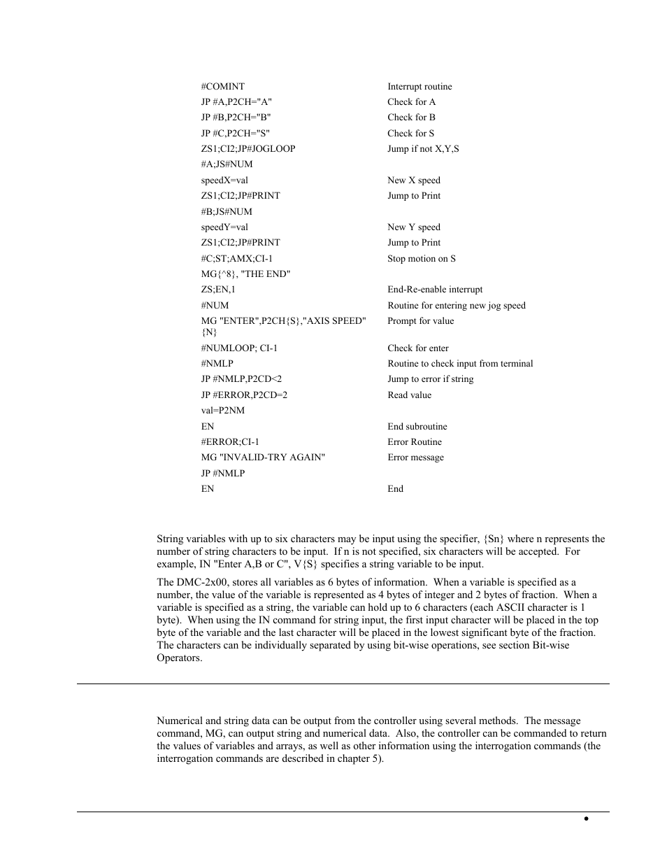 Inputting string variables, Output of data (numeric and string) | Galil DMC-2X00 User Manual | Page 163 / 267