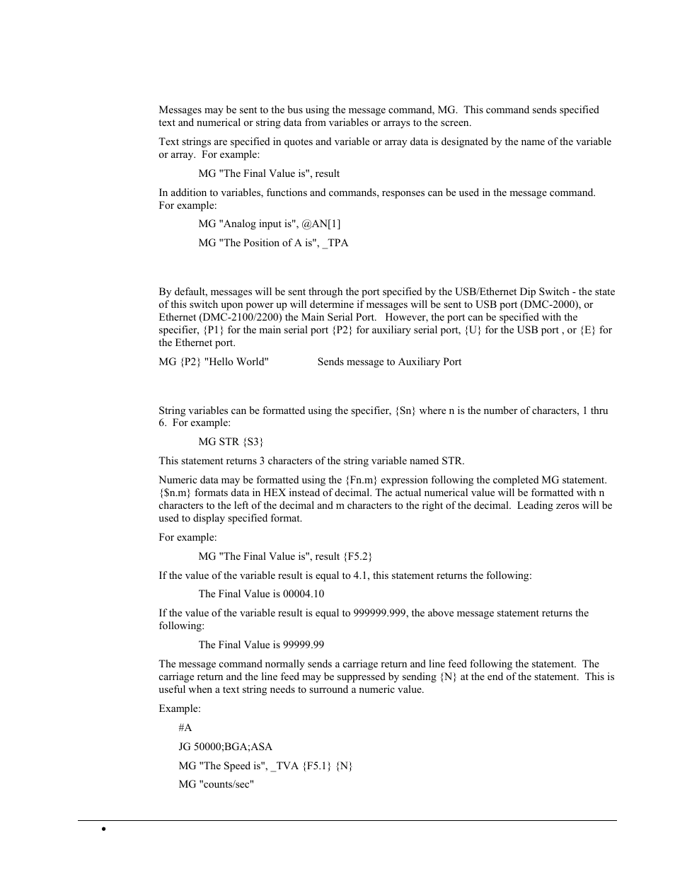 Sending messages, Specifying the port for messages, Formatting messages | Galil DMC-2X00 User Manual | Page 164 / 267