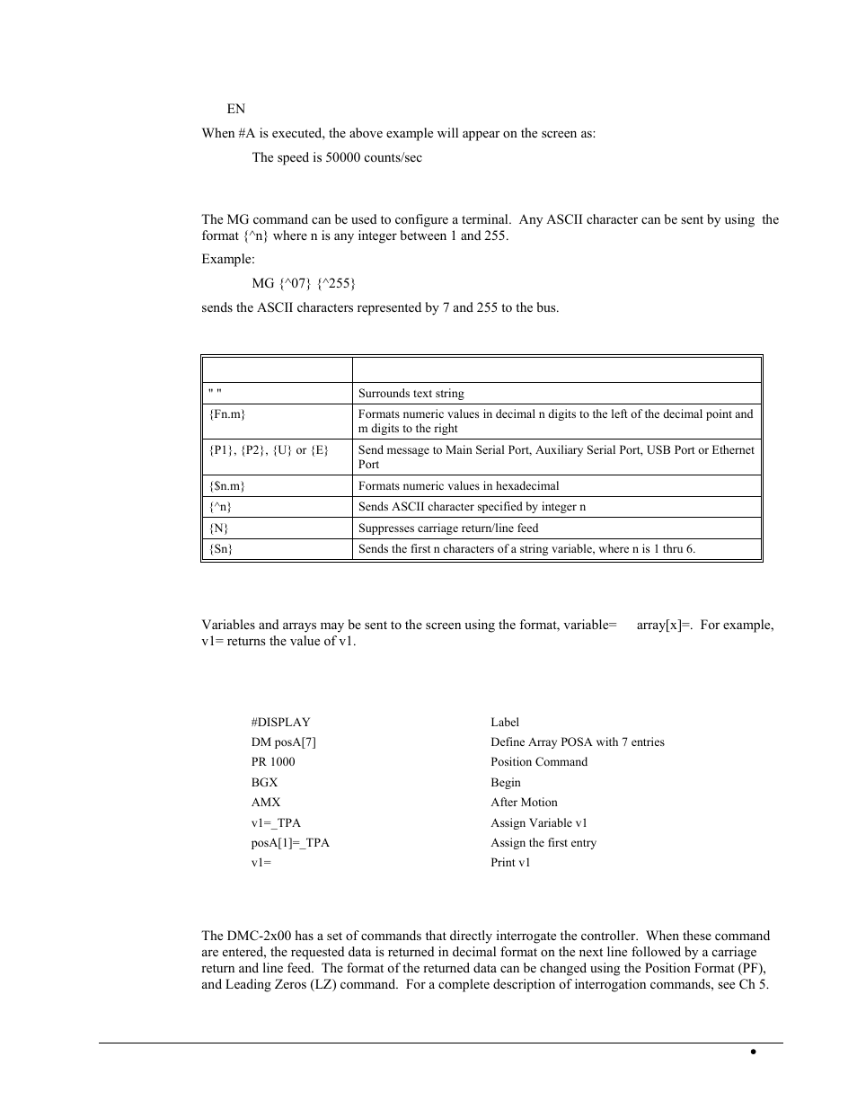 Using the mg command to configure terminals, Summary of message functions, Displaying variables and arrays | Example - printing a variable and an array element, Interrogation commands | Galil DMC-2X00 User Manual | Page 165 / 267