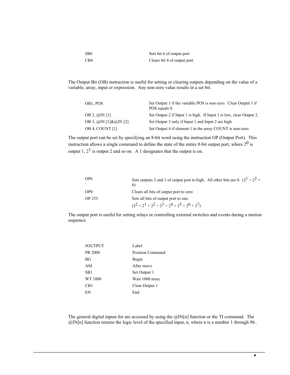 Example- set bit and clear bit, Example- output bit, Example- output port | Example - turn on output after move, Digital inputs | Galil DMC-2X00 User Manual | Page 169 / 267