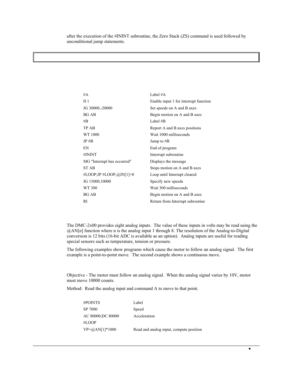 Example - input interrupt, Analog inputs, Example - position follower (point-to-point) | Galil DMC-2X00 User Manual | Page 171 / 267
