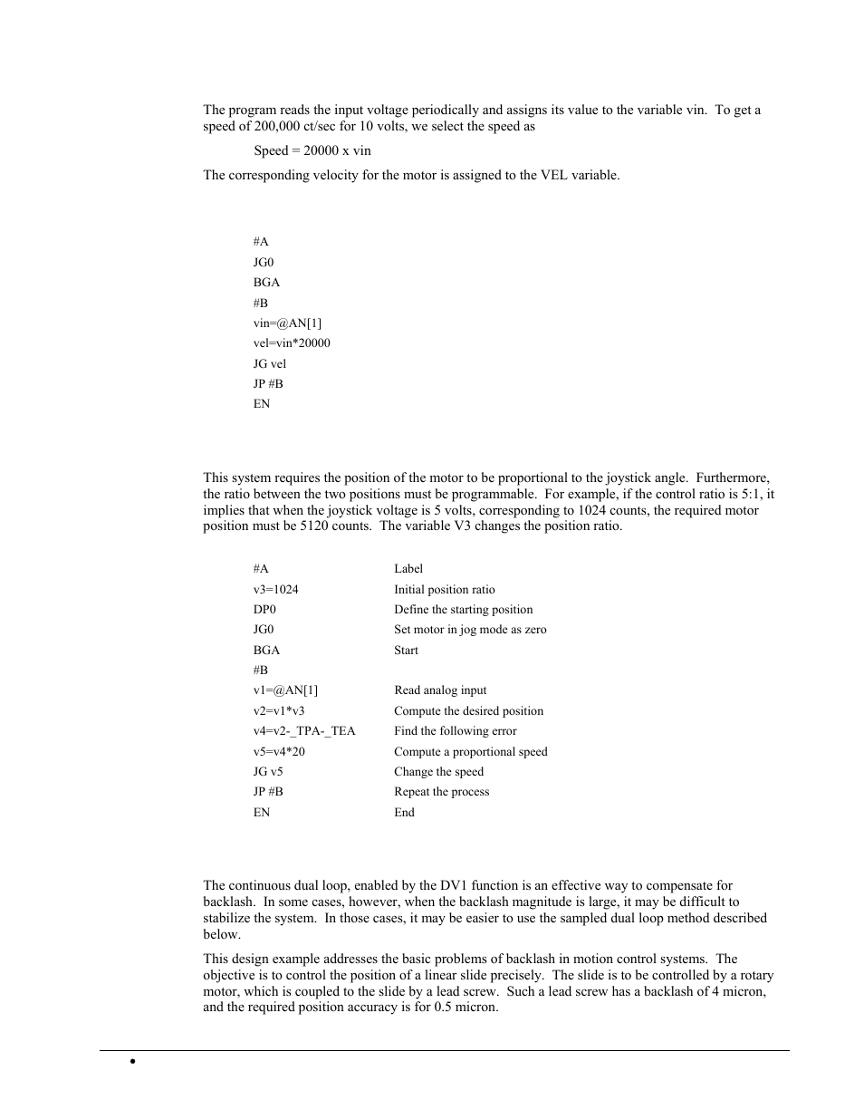 Position control by joystick, Backlash compensation by sampled dual-loop | Galil DMC-2X00 User Manual | Page 178 / 267