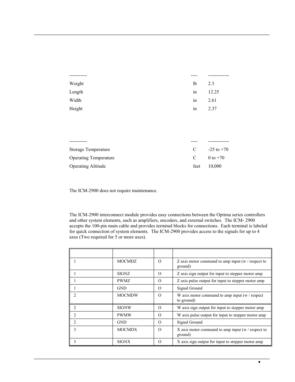 Icm-2900 interconnect module, Mechanical specifications, Environmental specifications | Equipment maintenance, Description | Galil DMC-2X00 User Manual | Page 217 / 267