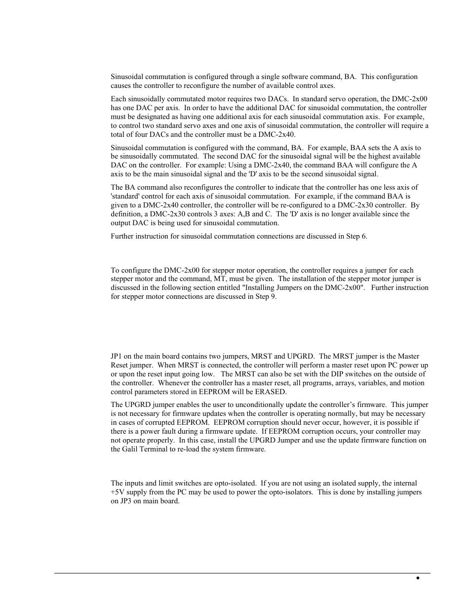 Sinusoidal commutation, Stepper motor operation, Step 2. install jumpers on the dmc-2x00 | Master reset and upgrade jumpers, Opto-isolation jumpers | Galil DMC-2X00 User Manual | Page 25 / 267