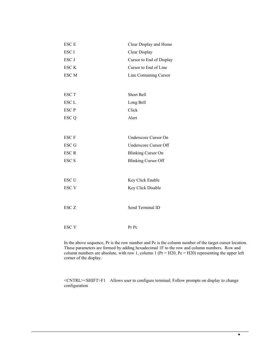 Erasing display, Sounds, Cursor style | Key clicks (audible sounds from terminal), Cursor position, Configuration | Galil DMC-2X00 User Manual | Page 253 / 267
