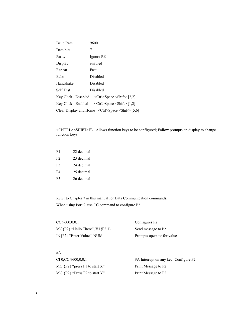 Default configuration, Function keys, Default function keys | Input/output of data – dmc-2x00 commands, Example | Galil DMC-2X00 User Manual | Page 254 / 267