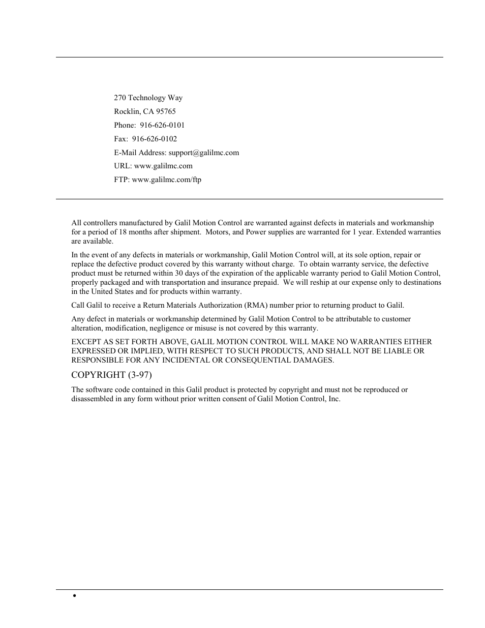 Contacting us, Warranty | Galil DMC-2X00 User Manual | Page 264 / 267