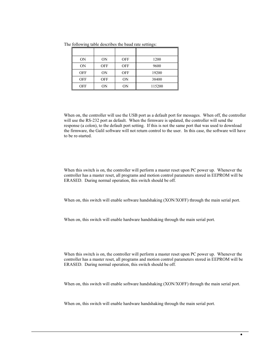 Switch 4, 5 and 6 - main serial port baud rate, Switch 10 - usb, Step 3b. configure dip switches on the dmc-2100 | Switch 1 - master reset, Switch 2 - xon / xoff, Switch 3 - hardware handshake mode, Step 3c. configure dip switches on the dmc-2200 | Galil DMC-2X00 User Manual | Page 27 / 267
