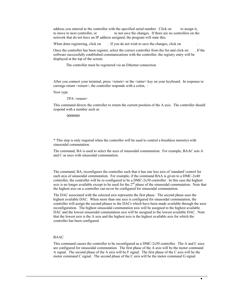 Sending test commands to the terminal, Notes on configuring sinusoidal commutation | Galil DMC-2X00 User Manual | Page 31 / 267