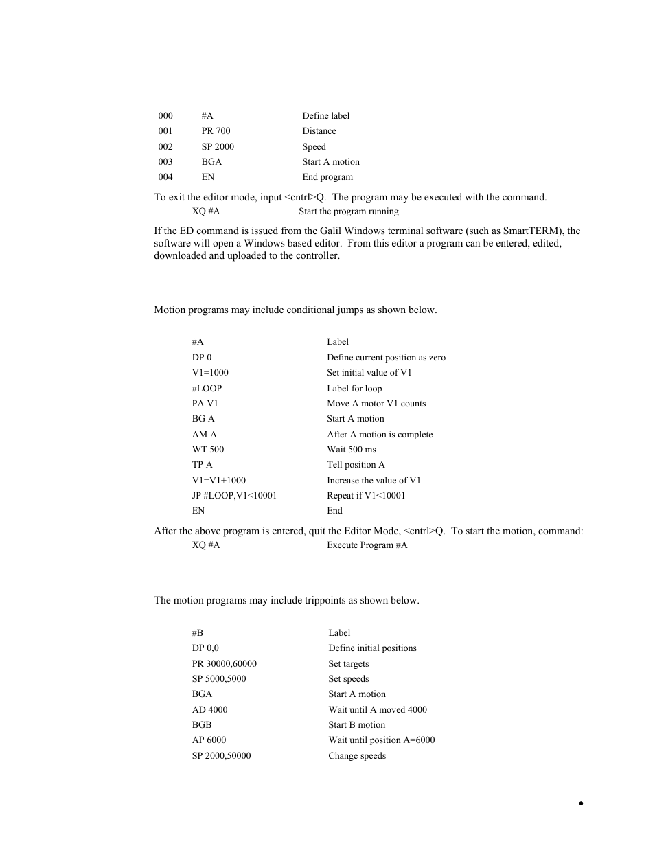 Motion programs with loops, Motion programs with trippoints | Galil DMC-2X00 User Manual | Page 45 / 267