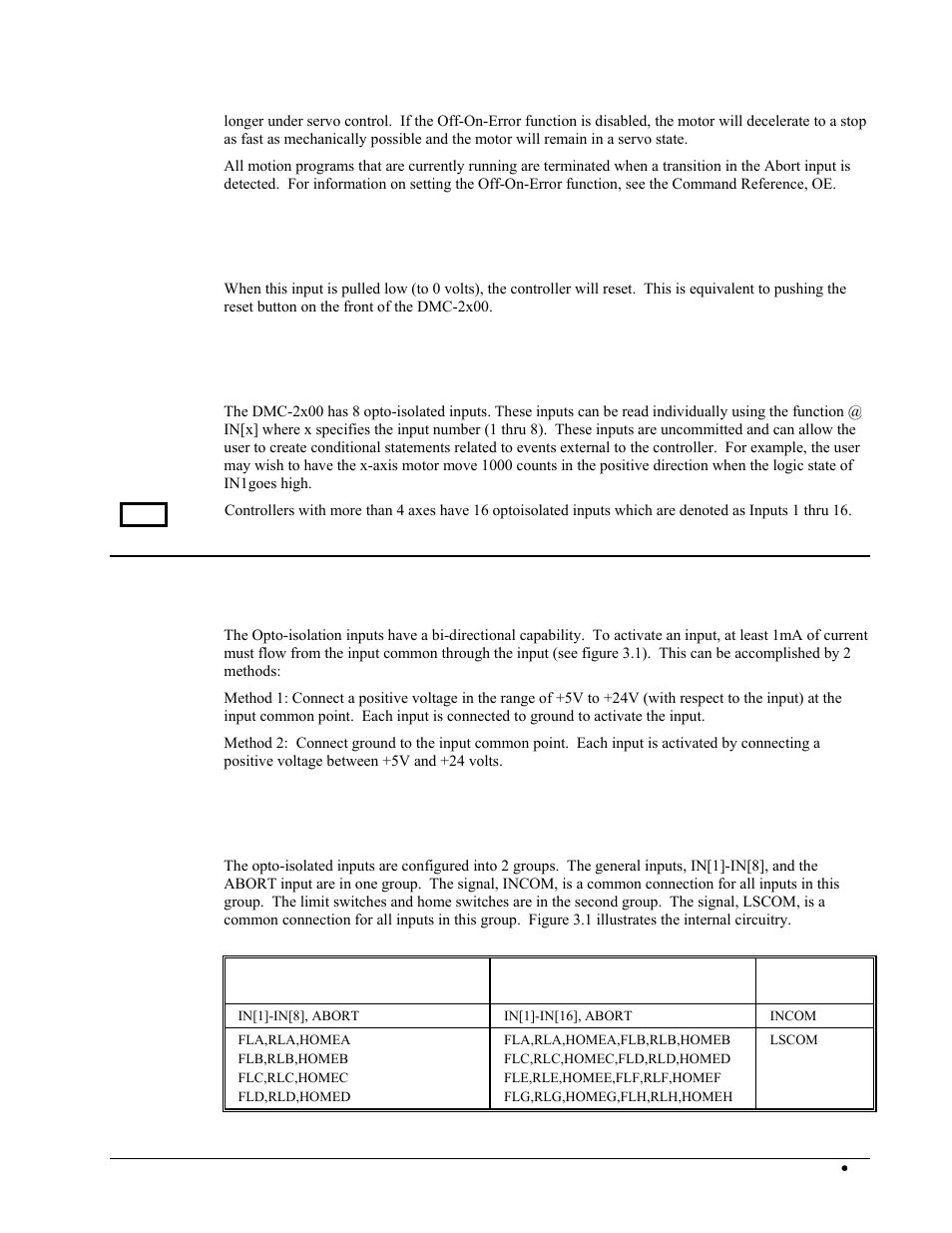 Reset input, Uncommitted digital inputs, Wiring the opto-isolated inputs | The opto-isolation common point | Galil DMC-2X00 User Manual | Page 51 / 267
