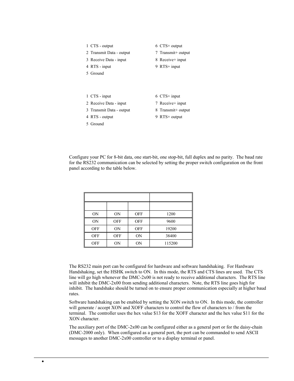 Rs422 main port {p1, Rs422 auxiliary port {p2, Rs-232 configuration | Baud rate selection, Handshaking modes, Rs422 - main port {p1, Rs422 - auxiliary port {p2 | Galil DMC-2X00 User Manual | Page 58 / 267